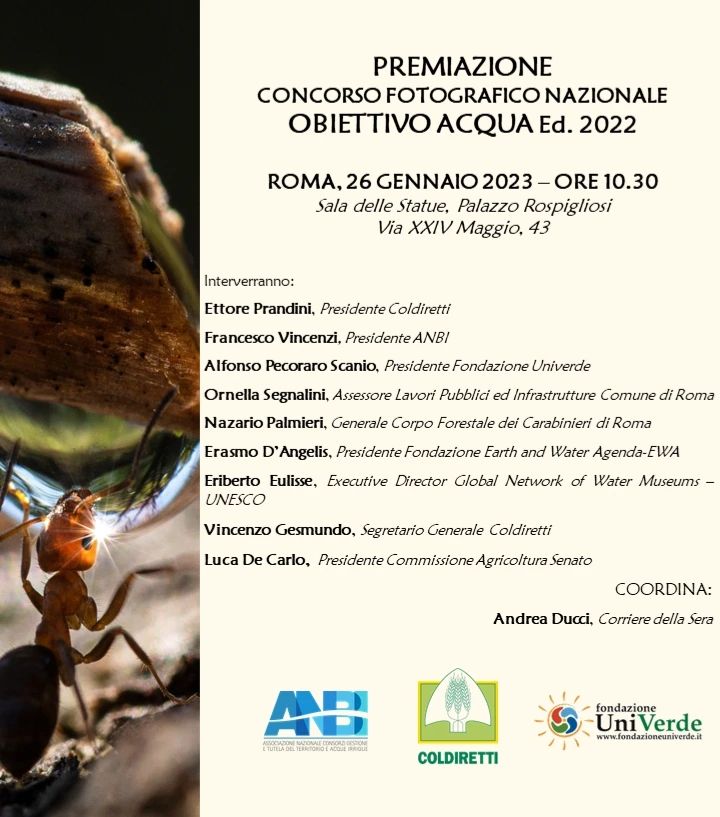 DOMANI #26gennaio premiazioni vincitori concorso nazionale Obiettivo Acqua 📸 con 2 Sezioni principali: 🏆#anbi100 - dedicata al centenario della moderna bonifica, e🏆 #acquaeternoscorrere - dedicata ai paesaggi disegnati dall'acqua dolce.
Anche ANBI EMILIA ROMAGNA assegnerà un premio alla foto che meglio avrà rappresentato il rapporto tra natura e opera dell'uomo in Emilia Romagna👏👏👏
Ma non solo... saranno assegnate 3 menzioni speciali: #biodiversità, #pianolaghetti e #magiadeipaesaggi tra luci ed acqua.
.
#foto #italia #paesaggio #natura #fotografo #fotografia #premio #premiazione #roma #palazzorospigliosi