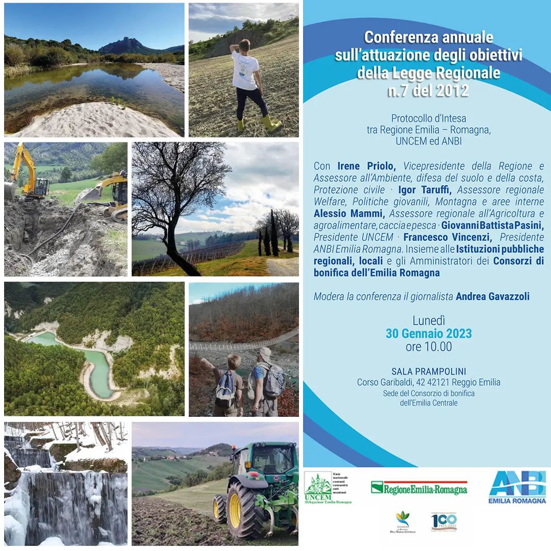 Si terrà lunedì, 30 gennaio 2023, alle ore 10.00, l'annuale Conferenza sugli investimenti dei Consorzi di bonifica dell'Emilia-Romagna a tutela e sviluppo della montagna, Protocollo d’Intesa tra Regione Emilia – Romagna, UNCEM e ANBI - Sala Prampolini, Corso Garibaldi, 42 Reggio Emilia, Sede del Consorzio di bonifica dell’Emilia Centrale.
Con
· Irene Priolo Vicepresidente della Regione, Assessore all'Ambiente, difesa del suolo e della costa, protezione civile;
· Igor Taruffi Assessore Welfare, Politiche giovanili, Montagna e aree interne;
· Alessio Mammi, Assessore Agricoltura e agroalimentare, caccia e pesca;
· Raffaella Zucaro, Coordinatrice ANBI Emilia Romagna;
· Paolo Ferrecchi, Direttore generale cura del territorio e dell’ambiente;
· Marcello Bonvicini, Presidente Consorzio di Bonifica dell’Emilia Centrale;
· Antonio Vincenzi, Presidente Consorzio di Bonifica della Romagna Occidentale;
· Matteo Deluca, Sindaco di Montese;
· Vincenzo Volpi, Sindaco di Toano, Presidente Unione Appennino Reggiano;
· Giovanni Battista Pasini, Presidente UNCEM;
· Francesco Vincenzi, Presidente ANBI Emilia Romagna;
Modera la conferenza il giornalista, Andrea Gavazzoli.
#montagna #anbi #consorzidibonifica
#tutela #difesa #regione #EmiliaRomagna #sviluppo
#opere #interventi #lavori #finanziamenti