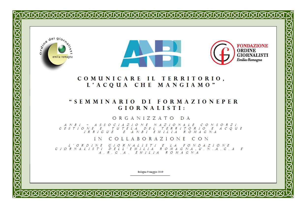 SEMINARIO DI FORMAZIONE  “COMUNICARE IL TERRITORIO: L’ACQUA CHE MANGIAMO” IN COLLABORAZIONE CON L’ORDINE GIORNALISTI E LA FONDAZIONE GIORNALISTI DELL’EMILIA-ROMAGNA