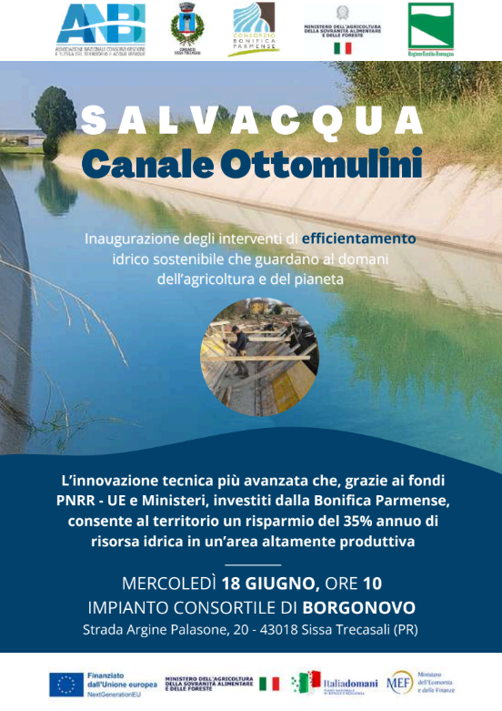 INVITO STAMPA | DOMANI, Mercoledì 18 Giugno, ore 10, SISSA TRECASALI (PR): S A L V A C Q U A – INAUGURAZIONE CANALE OTTOMULINI