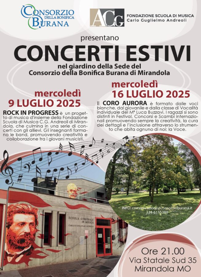 IL BURANA PROPONE DUE CONCERTI ESTIVI A MIRANDOLA nel giardino della sede consorziale di Mirandola