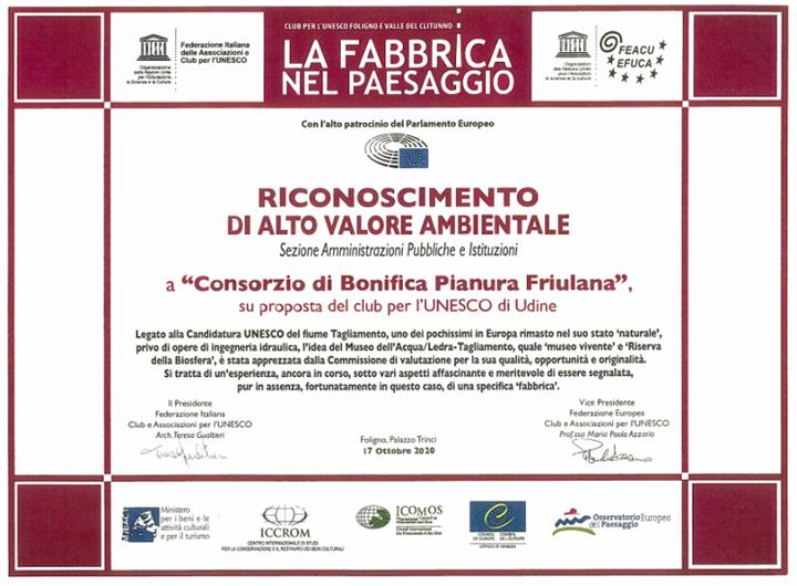 RICONOSCIMENTO UNESCO A PROGETTO CONSORZIO DI BONIFICA IN FRIULI VENEZIA GIULIA SUL MUSEO DELL’ACQUA LEDRA-TAGLIAMENTO